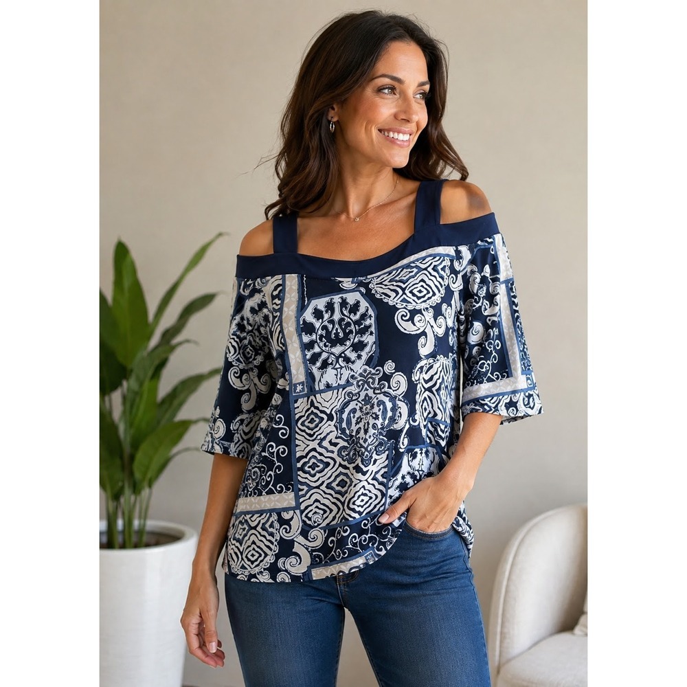 JM Collection M Navy Blue White Patterned Cold Shoulder Blouse Shark Bite Hem
